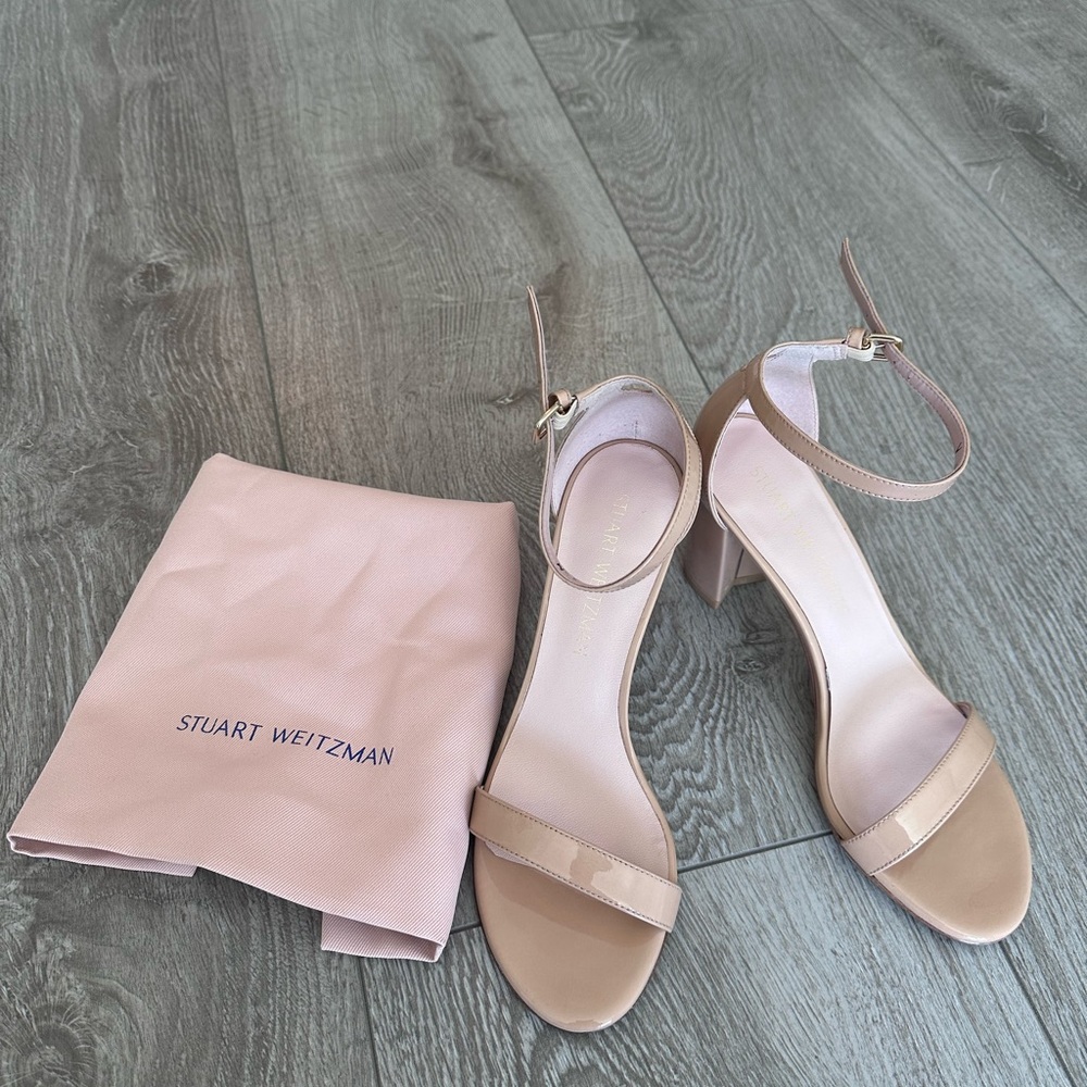 NWOB Stuart Weitzman Nearlynude Ankle Strap Sandals Adobe Patent 6.5US MSRP $475